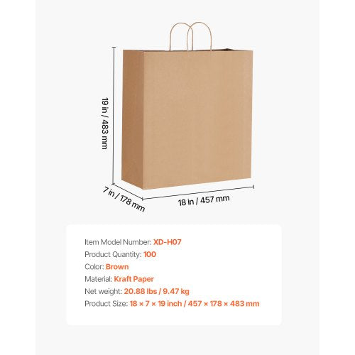 Kraft Paper Bags with Handles 100Pcs 18 x 7 x 19 in Large Paper Grocery