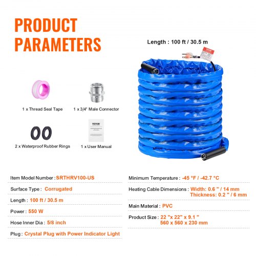 100ft Heated Water Hose for RV Heated Drinking Water Hose with Corrugated
