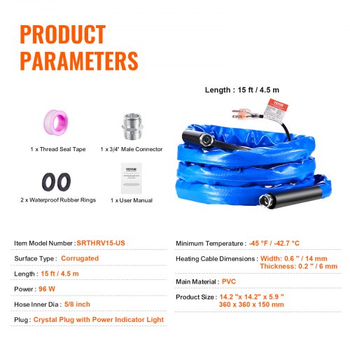 15ft Heated Water Hose for RV Heated Drinking Water Hose with Corrugated