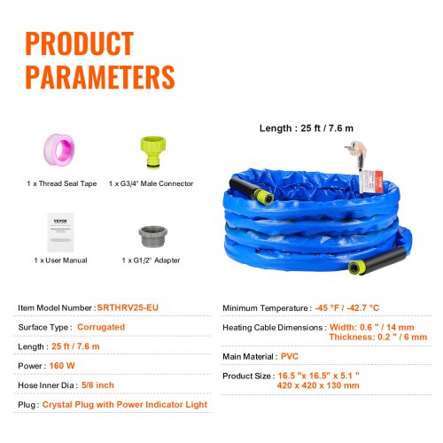 25ft Heated Water Hose for RV Heated Drinking Water Hose with Corrugated