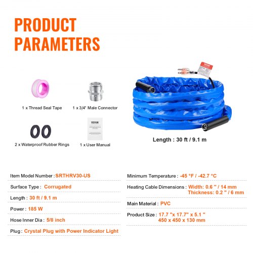 30ft Heated Water Hose for RV Heated Drinking Water Hose with Corrugated