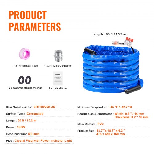 50ft Heated Water Hose for RV Heated Drinking Water Hose with Corrugated