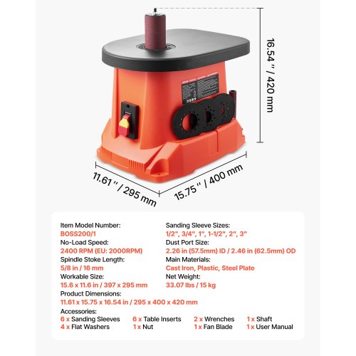 Oscillating Spindle Sander 2400Rpm Benchtop With 6 Sleeves 123 58 Stroke 156 X