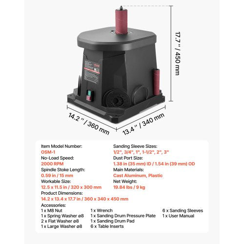 Oscillating Spindle Sander 2000RPM Benchtop Spindle Sander with 6 Sleeves
