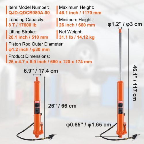 Hydraulic Long Ram Jack 8 Ton Engine Hoist Cylinder with Air Pump and Single