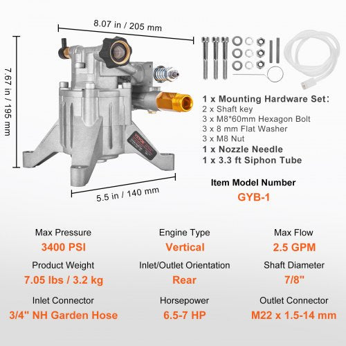 Pressure Washer Pump 78 Shaft Vertical 3400 PSI 25 GPM Replacement