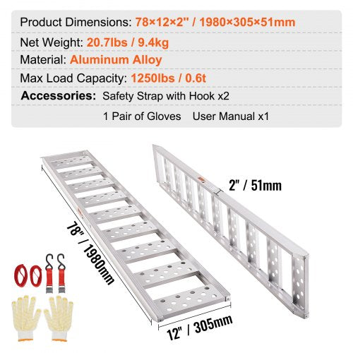 Aluminum Ramps 1250lbs Straight Ramp with Treads and Load Straps Portable
