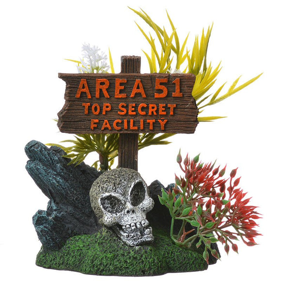 Blue Ribbon Exotic Environments Area 51 Sign with Skull Aquarium Ornament