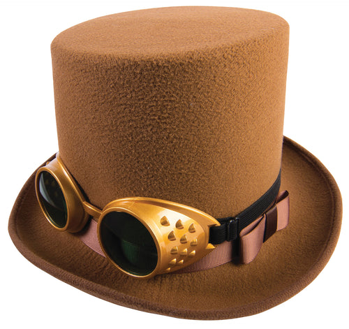 Adults Brown Steampunk Hat with Brown Hatband & Gold Goggles