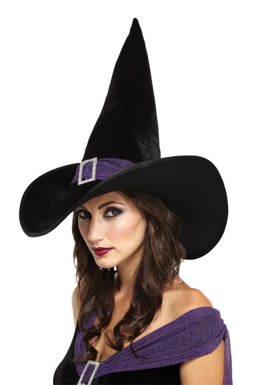 Adults Black Witch Hat with Purple Hatband & Silver Buckle