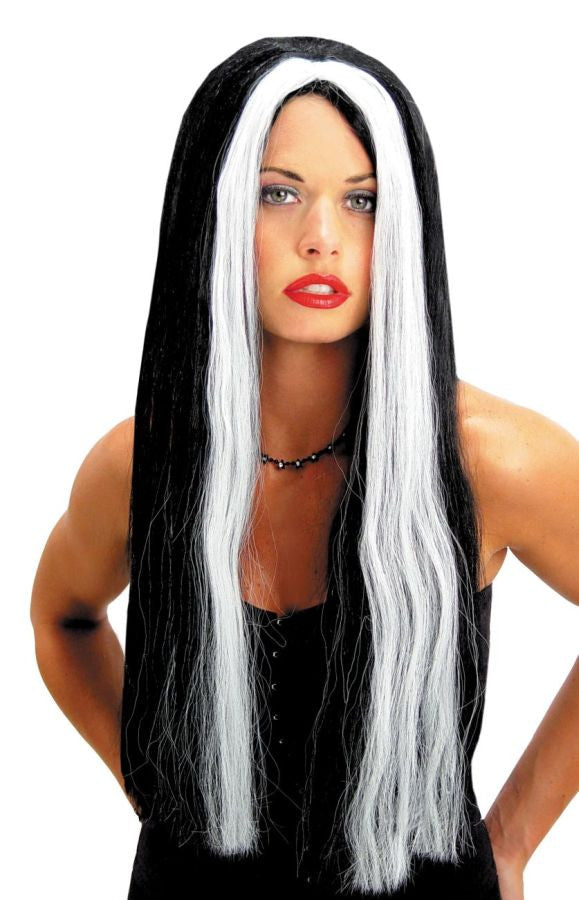 Adults Black With White Streak Long Wig