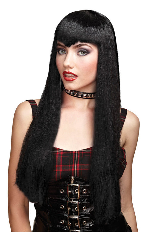 Adults Black Long with Bangs Vamp Wig