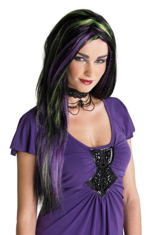 Adults Black with Purple & Green Stripes Rebel Witch Wig