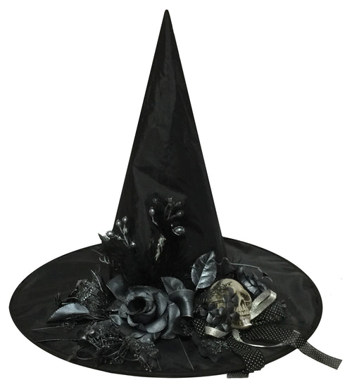 Adults Black Witch Hat with Skull & Flowers