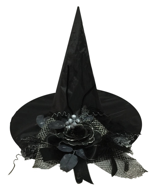 Adults Black Witch Hat with Rose & Ribbon